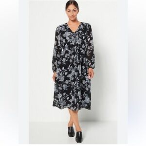 J Jason Wu‎ Black Blue Floral Long Sleeve Midi Dress Large